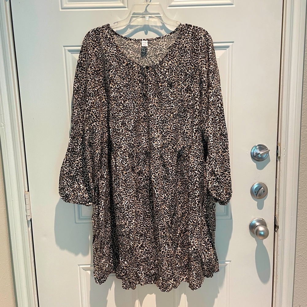 Old Navy Brown Black Leopard Print Flowy Long Sleeve Casual A-line Dress Size XL